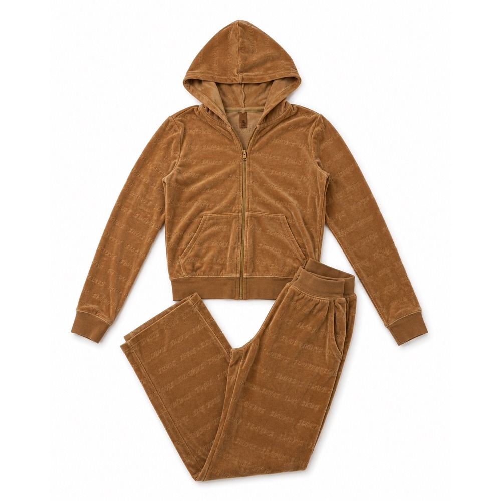 SKIMS Monogram Velour Tracksuit Set Zip Hoodie & Pants Camel Brown Women Small